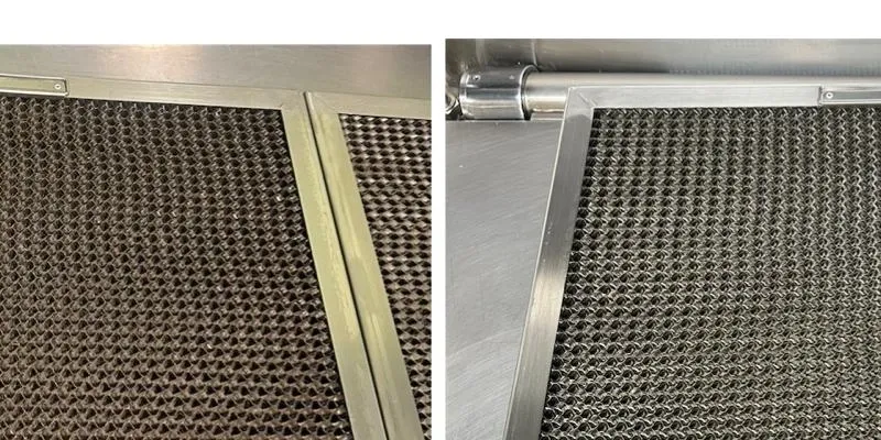 Before and after rangehood filter cleaning — grease-free mesh restored