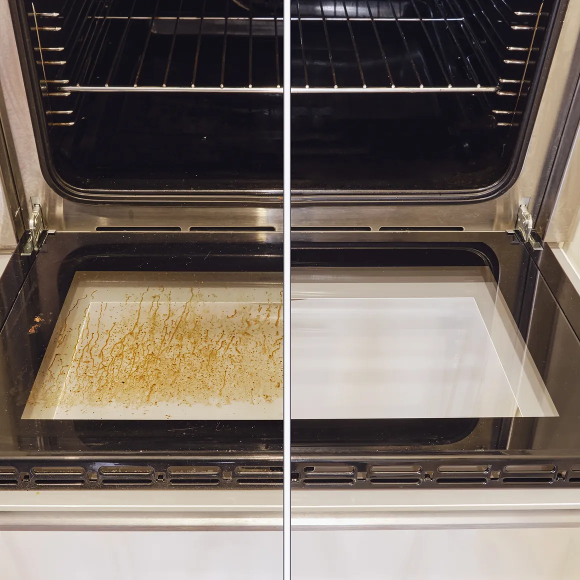 Before and after oven interior cleaning — spotless racks and tray