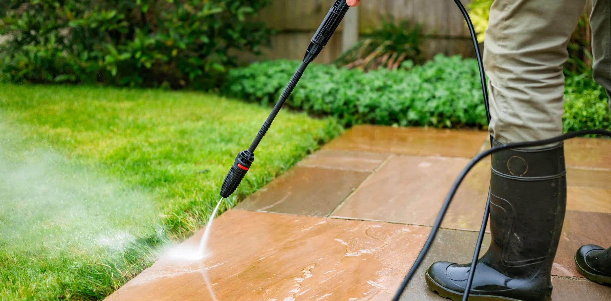 Pressure washing a concrete pathway to remove moss and grime in Perth