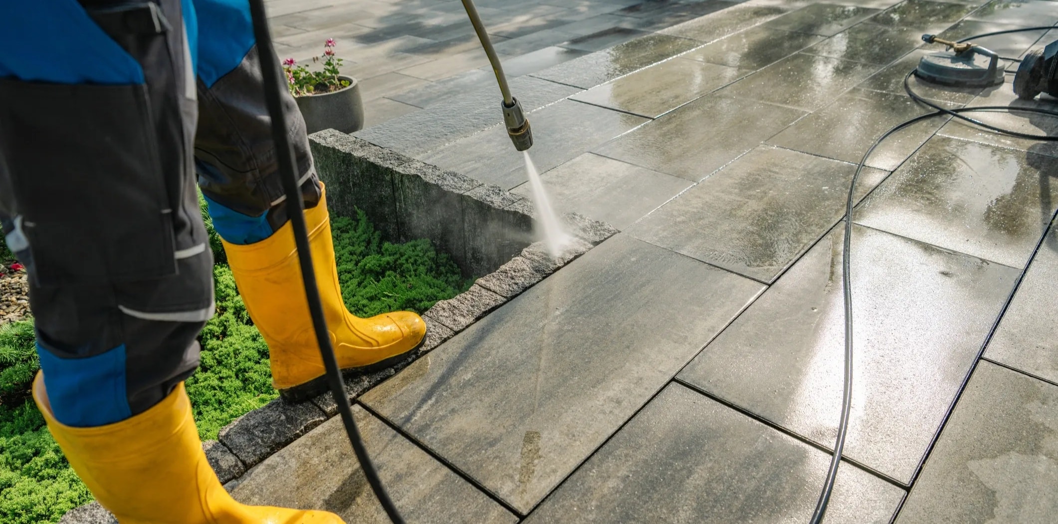 Professional pressure washing of outdoor stone patio pavers in a Perth backyard